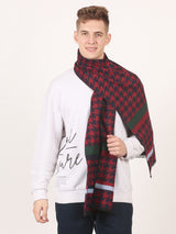 Red and black men’s muffler with houndstooth pattern, green stripe detail, and white horizontal band.