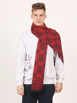 Red and black geometric pattern muffler with abstract striped border