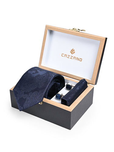 Cazzano Blue Microfiber Tie Set with Matching Pocket Square & Cufflinks