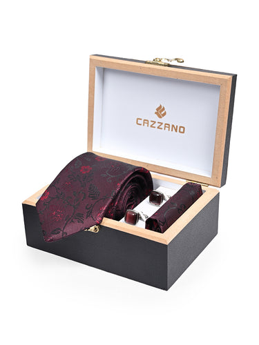Cazzano Premium Floral 3-Piece Men Accessory Set: Tie, Pocket Square & Cufflinks