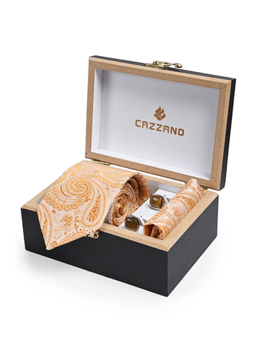 Cazzano Yellow Printed Complete Formal Look: Box Tie, Pocket Square & Cufflink
