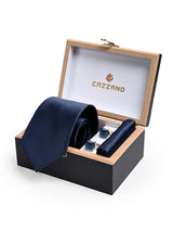 NAVY BLUE PLAIN TIE SET WITH CUFFLINKS