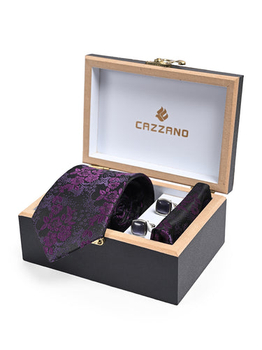 Cazzano Men Microfiber Floral Necktie, Pocket Square & cuffling  Accessory Luxury Tie Set
