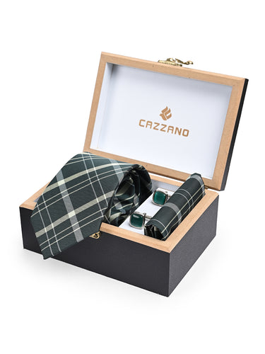 Cazzano Green Elite Tie Set: Professional Necktie, Cuffling & Matching Pocket Square Accessories