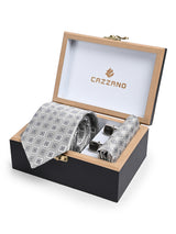 SILVER GEOMETRIC TIE SET WITH CUFFLINKS