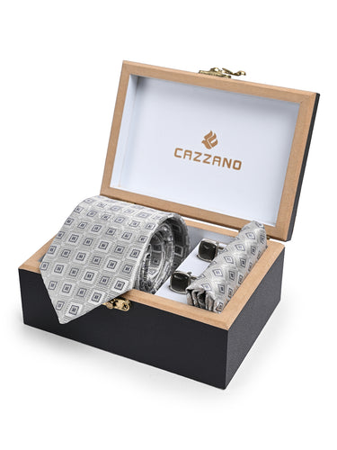 Cazzano Checked off White Tie Set: Coordinating Necktie, Pocket Square & Cufflinks