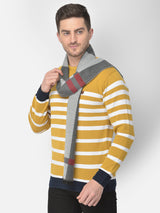 Close-up of a grey and maroon checked men’s muffler with broad block pattern and Cazzano label.