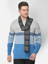 Close-up of a charcoal grey and black printed men’s muffler with abstract block texture.