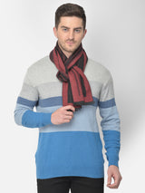 Close-up of a maroon and black striped men’s muffler with Cazzano label.