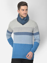 Close-up of a sky blue and black striped men’s muffler.