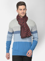Close-up of a maroon and black checkerboard checked men’s muffler with striped border.