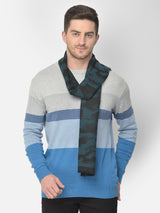 Close-up of a dark teal and black camouflage printed men’s muffler.