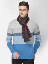 Close-up of a black and red checked men’s muffler with Cazzano label.