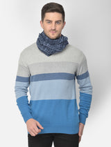 Close-up of a navy blue and light blue printed men’s muffler with abstract textured pattern.