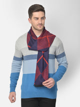 Man wearing a navy blue and maroon checked men’s muffler.