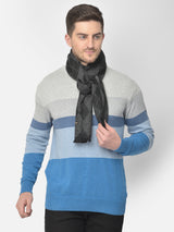 Close-up of a black and grey argyle-pattern men’s muffler with Cazzano label.