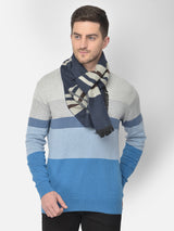 Close-up of a navy blue and beige checked men’s muffler.