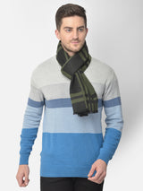 Olive green and black checked men’s muffler with windowpane pattern.