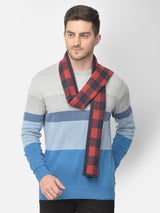 Red and black buffalo checked men’s muffler with Cazzano label.