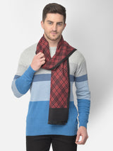 Maroon and black checked men’s muffler with diamond pattern.