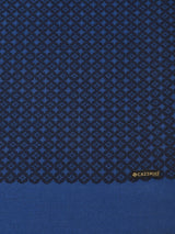 Navy blue men’s muffler with geometric printed pattern and Cazzano label.