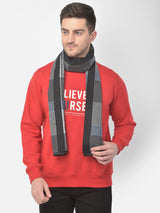 Man wearing a charcoal black and grey striped muffler with subtle blue lines on a light background.