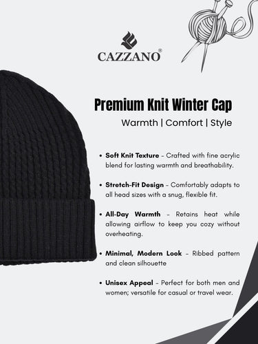 Black Premium Woollen Winter Cap for Men | Soft Knit Beanie by Cazzano