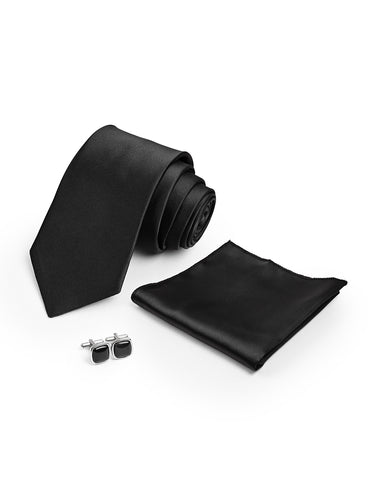 Cazzano Premium Black Solid 3-Piece Men Accessory Set: Tie, Pocket Square & Cufflinks