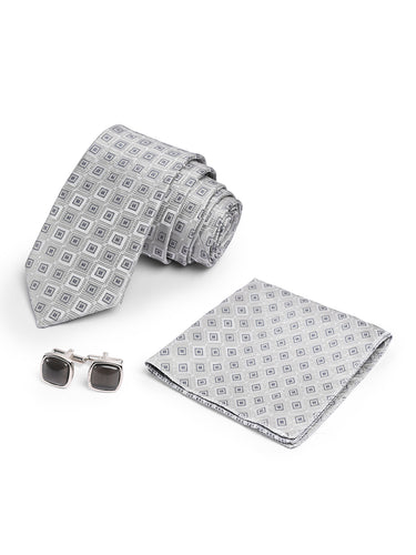Cazzano Checked off White Tie Set: Coordinating Necktie, Pocket Square & Cufflinks