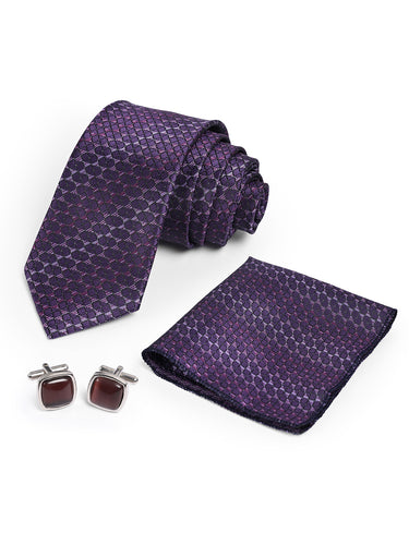 Cazzano Purple Elegant Wedding Tie Set |Microfiber Necktie,Cuffling & Matching Pocket Square