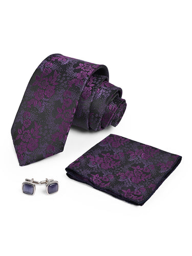 Cazzano Men Microfiber Floral Necktie, Pocket Square & cuffling  Accessory Luxury Tie Set