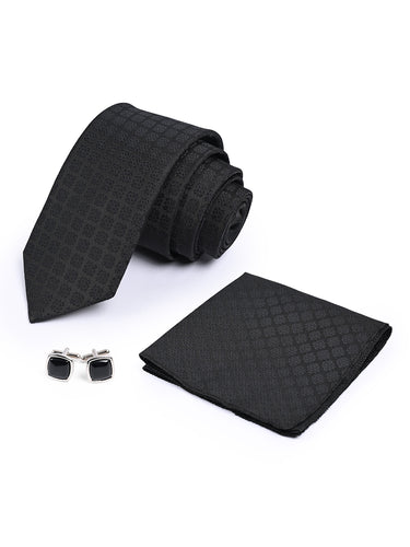 Cazzano Luxury Black Microfiber Necktie Set - Matching Pocket Square & Cufflinks