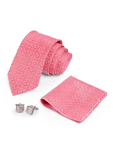 Cazzano Pink Tie Set: Professional Necktie, Cuffling & Matching Pocket Square Accessories