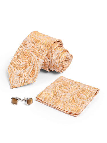 Cazzano Yellow Printed Complete Formal Look: Box Tie, Pocket Square & Cufflink