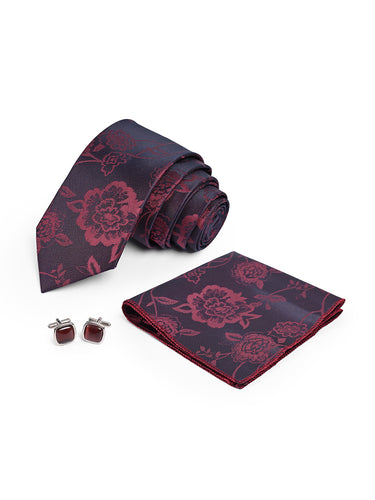 Cazzano Men Maroon Microfiber Tie Set with Matching Pocket Square & Cufflinks