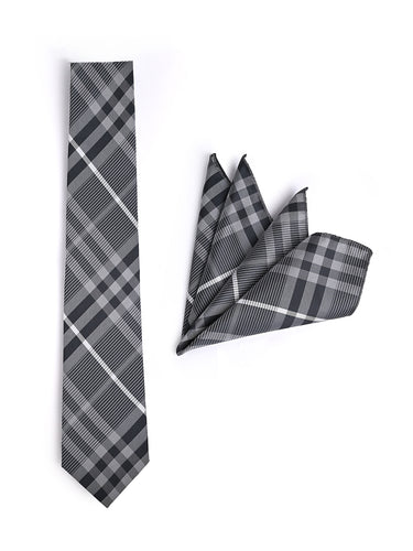 BLACK GREY TIE WITH POCKET SQUARE