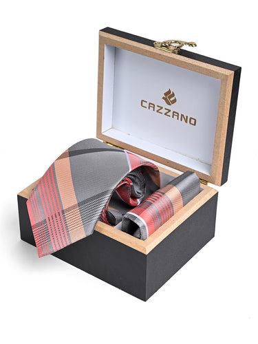 CORAL GREY TIE WITH POCKET SQUARE