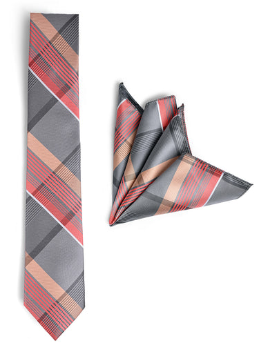 CORAL GREY TIE WITH POCKET SQUARE