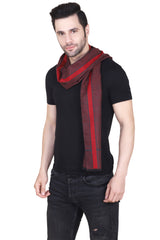 Burgundy and black checked men’s muffler with oversized windowpane pattern and fringed edge on a white background.