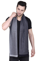 Black and grey printed men’s muffler with micro diamond motif and fringed edge on a white background.