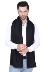 Solid black men’s muffler with fringed edge on a white background.
