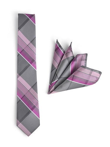 GREY DIAGONAL TIE WITH POCKET SQUARE