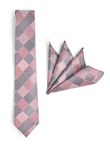 PINK GREY TIE WITH POCKET SQUARE