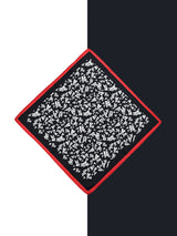 Black pocket square with white abstract geometric print and red border