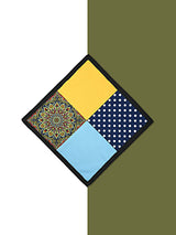 Multicolor patchwork pocket square with printed and polka dot panels by Cazzano