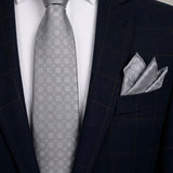 SILVER CHECKERED TIE WITH POCKET SQUARE