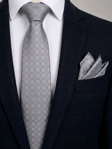 SILVER CHECKERED TIE WITH POCKET SQUARE