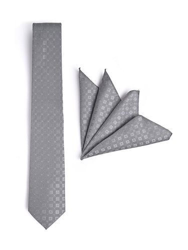 SILVER CHECKERED TIE WITH POCKET SQUARE