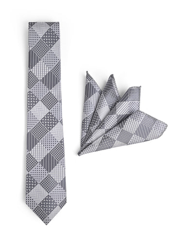 SILVER GREY TIE WITH POCKET SQUARE