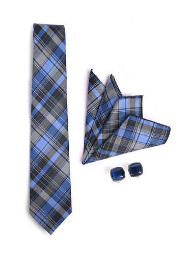 BLUE & GREY PLAID CHECK TIE SET